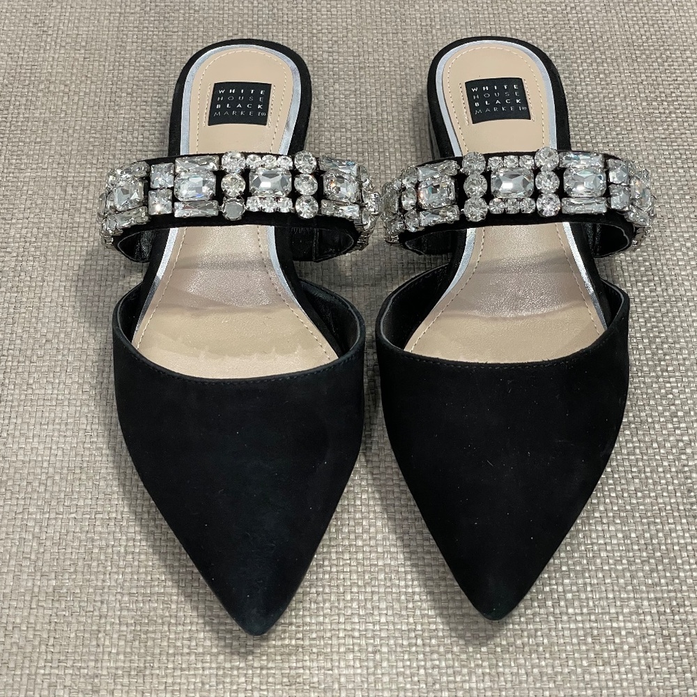 WHITE HOUSE BLACK MARKET ESME SUEDE AND RHINESTONE FLAT MULES, Size 7.5. NWOT
